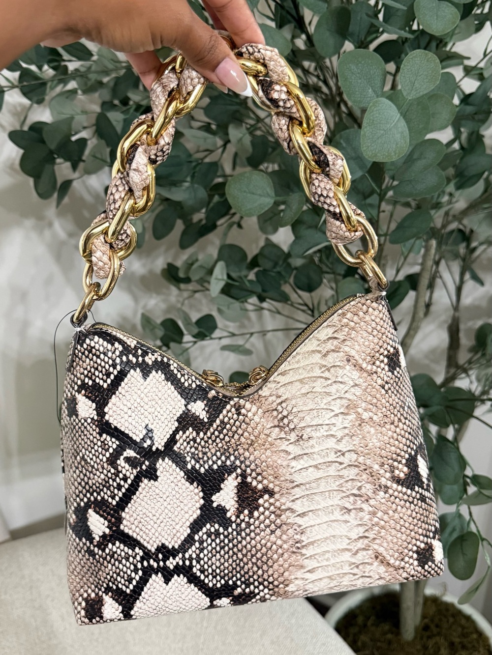 Snake-Print Shoulder Bag with Gold Chain Handle - Beige & Black